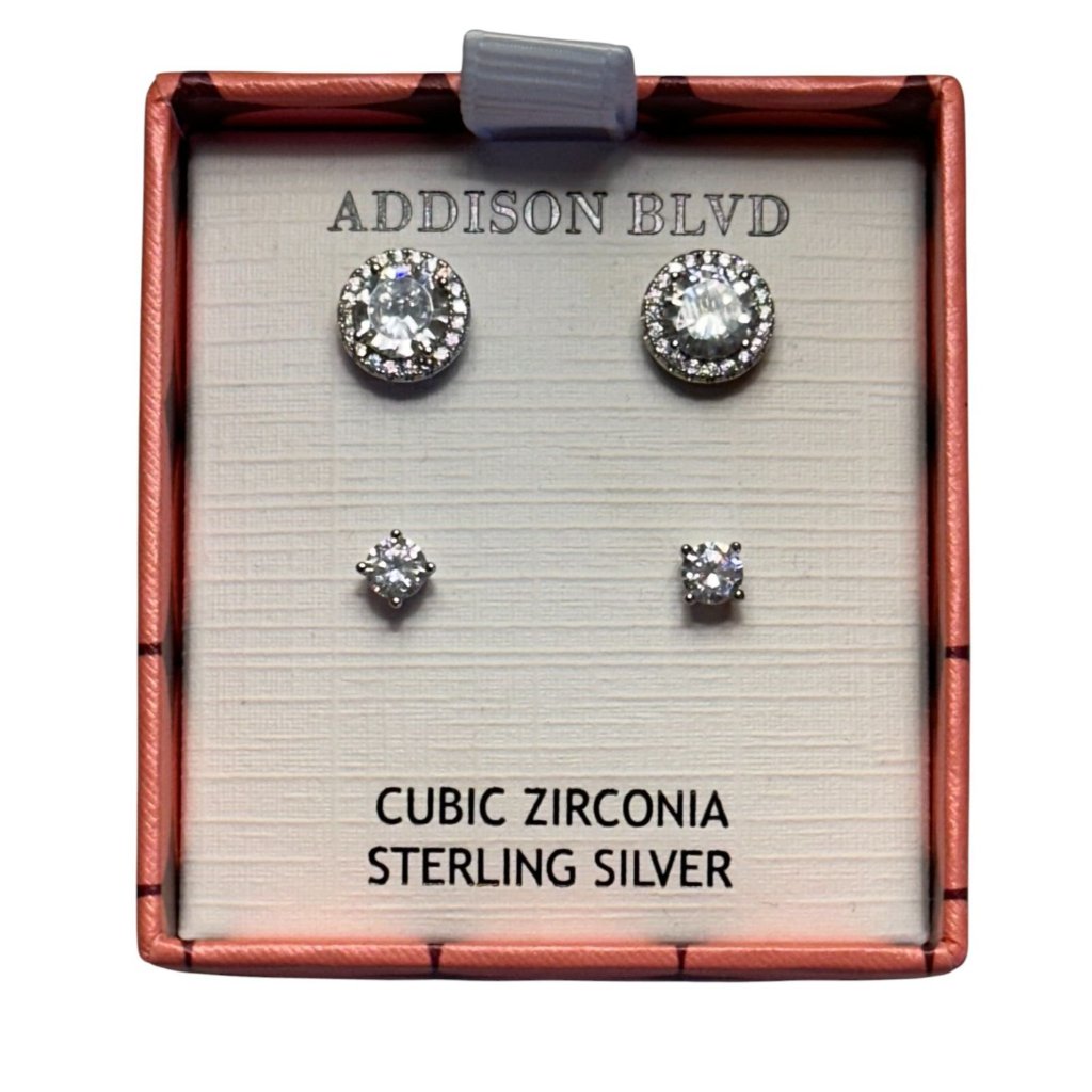 New Addison Blvd 925 Sterling Silver Cz Halo 2 Pair Post Earring Set